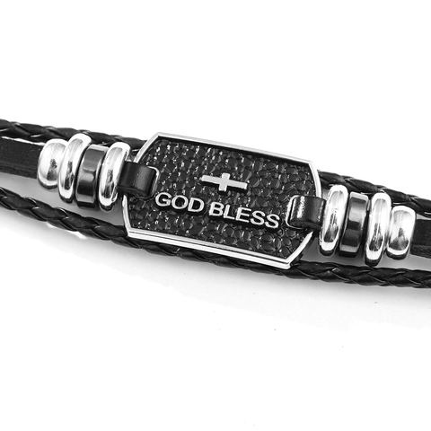 Men's Retro Braided Genuine Leather Bracelet With Metal Cross Plate God Bless Lettering Adjustable Multilayer Religious Jewelry