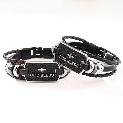 Men's Retro Braided Genuine Leather Bracelet With Metal Cross Plate God Bless Lettering Adjustable Multilayer Religious Jewelry