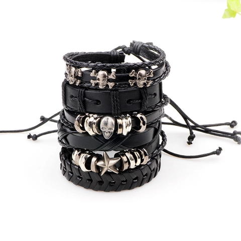 Braccialetti Intrecciati in Pelle Nera da Uomo Punk Gothic Teschio Stella Ciondolo in Metallo Polsino Avvolgente Regolabile