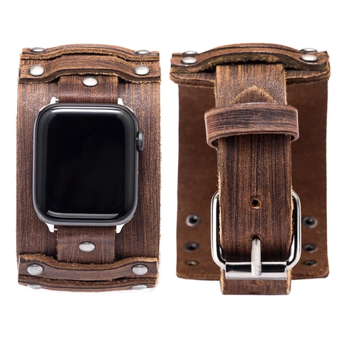Genuine Cowhide Leather Watch Strap Wide Cuff Band With Alloy Rivets For Smartwatch Punk Retro Men Women Bracelet Accessory