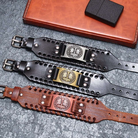 Wikinger Nordisches Lederarmband Thor Hammer Mjolnir Metallplatte Vintage Punk Rindsleder Armreif Manschette Herren Schmuck Zubehör