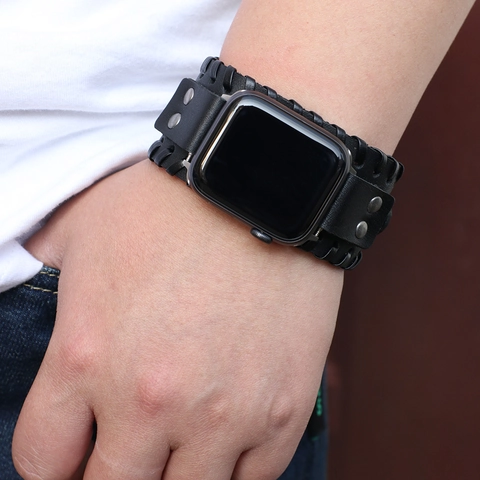 Correa de Reloj Trenzada de Cuero de Vaca Genuino Vintage Con Remaches de Aleación Para Hombres Mujeres Estilo Punk Retro Puño Ancho Accesorios de Correa de Reloj Inteligente