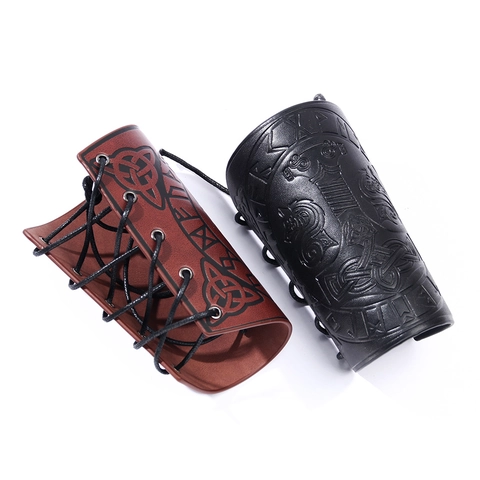 Brassards de Pirate Viking Rétro en Similicuir Protection de Bras Gaufrée Runes Marteau de Thor pour Hommes Femmes Cosplay Punk Rock Bijoux