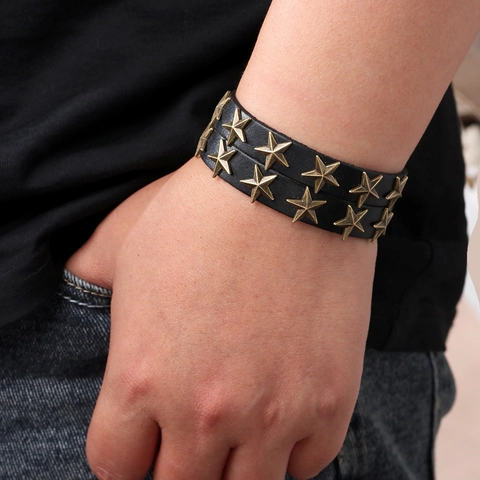 Vintage Punk Breit Rindsleder Armband Mit Metall Stern Nieten Verstellbare Druckknopf Herren Damen Streetwear Mode Manschette Armband