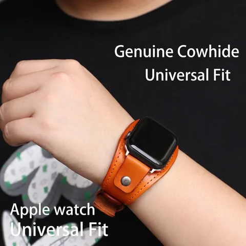 Vintage Punk Genuine Cowhide Smartwatch Band Compatible Cuff Bracelet Retro Leather Strap With Metal Rivets For Men Women
