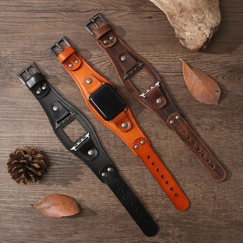 Vintage Punk Genuine Cowhide Smartwatch Band Compatible Cuff Bracelet Retro Leather Strap With Metal Rivets For Men Women