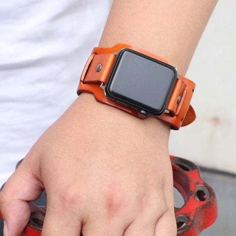 Correa de Reloj de Cuero de Vaca Bund Ancha Retro Compatible Para Apple Watch Correa Cuff Punk Vintage Con Remaches Acero Inoxidable