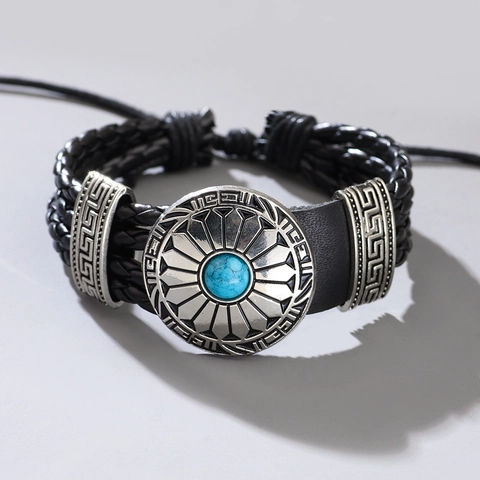 Vintage Gevlochten PU Leren Armband Voor Mannen Etnisch Verstelbaar Legering Turkoois Zonpatroon Wikkelarmband Sieraden Cadeau