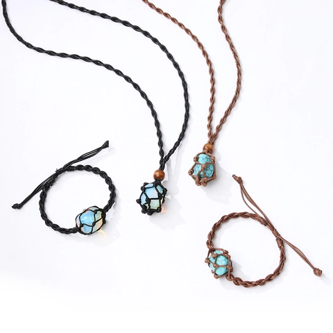 Conjunto de Collar y Pulsera de Piedra en Bruto Tejido a Mano Bohemio Turquesa Cuerda de Cera Accesorios Étnicos Joyería Unisex