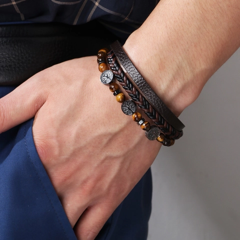 Bracelet Homme Vintage en Pierre Oeil de Tigre Multi-rangs Tressé en Cuir PU Arbre de Vie Boucle Magnétique Bijoux