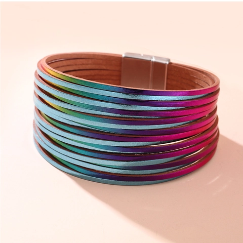 Boheems Meerlaags Legering Kunstleer Armband Voor Dames Mode Magneetsluiting Metalen Vergulde Regenboog Wikkelarmband Sieraden Cadeau