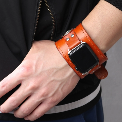 Bracelet de Montre Vintage en Cuir de Vachette à Manchette Large Pour Apple Watch Rivet Anneau Punk Bracelet de Remplacement Homme