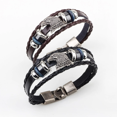 Vintage Adlerkopf Mehrlagiges Lederarmband Für Damen Herren Hämatit Legierung Geflochtenes Seil Retro Punk Stil Schmuck