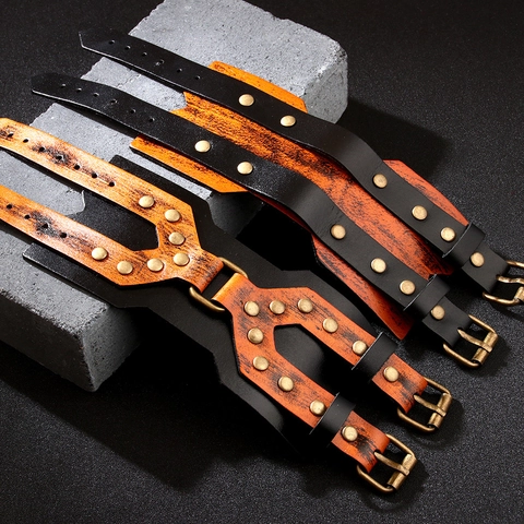 Bracelet Manchette Large en Cuir Punk Vintage pour Hommes Sangle à Boucle à Rivets en Alliage Bijoux Rock Style Industriel
