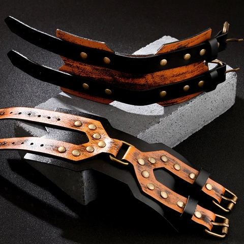 Bracelet Manchette Large en Cuir Punk Vintage pour Hommes Sangle à Boucle à Rivets en Alliage Bijoux Rock Style Industriel