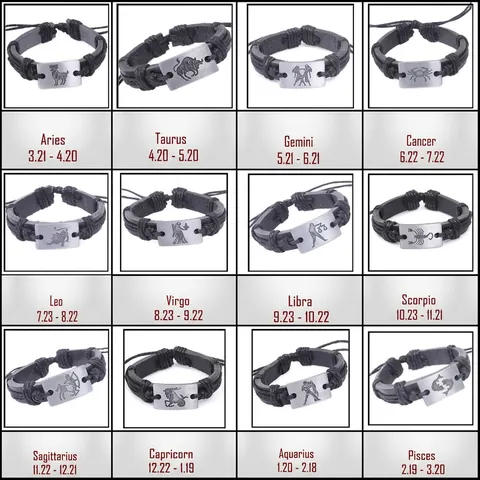 Set di Braccialetti in Pelle Intrecciata a Mano 12 Segni Zodiacali per Uomo Donna Bracciale Avvolgente Punk con Ciondolo a Costellazione