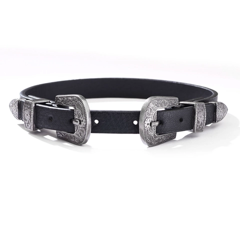Choker a Doppia Fibbia in Lega Intagliata Vintage Nero Ecopelle Punk Street Style Catena Collo Gioielli Donna