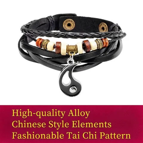 Retro Tai Chi Yin Yang Leren Armband Multi-Layer Gevlochten Rundleer Houten Kralen Armband Voor Mannen Vrouwen Koppel Sieraden