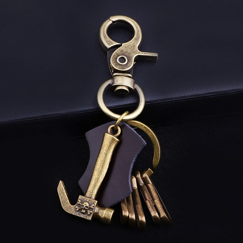 Portachiavi Martello di Metallo Bronzo Vintage Teschio Pastorale Retrò in Pelle di Vacca Punk Industriale Pendente Chiave Auto Regalo
