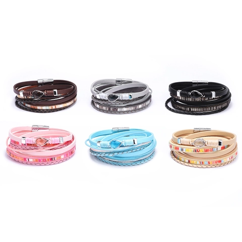 Boho Mehrlagiges Wickelarmband Für Damen PU-Leder Strass Eingelegt Magnetverschluss Mode Schmuck Party Geschenk