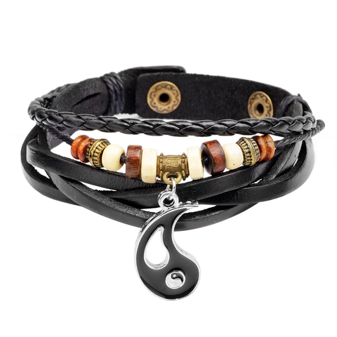 Retro Cowhide Leather Tai Chi Yin Yang Bracelet Handmade Woven Cord Wood Bead Punk Ethnic Bracelet For Men Women Unisex Jewelry