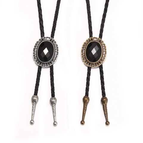 Vintage Western Cowboy Bolo Tie Retro Lega Metallo Nero Pietra Ciondolo PU Pelle Corda Collana Gioielli Per Uomo Donna