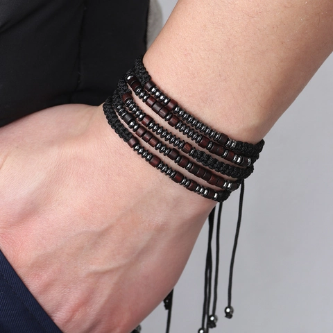 Handmade Morse Code Woven Bracelet For Men Women Hematite Wood Beads Adjustable Cord Couples Gift Fashion Jewelry Bracelet