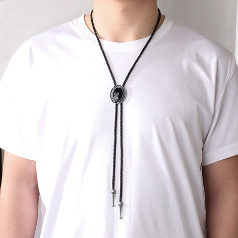 Vintage Western Cowboy Bolo Tie Retro Lega Metallo Nero Pietra Ciondolo PU Pelle Corda Collana Gioielli Per Uomo Donna