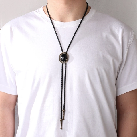 Retro Western Cowboy Bolo Tie With Artificial Leather Braided Cord Acrylic Gemstone Slide Alloy Pendant Unisex Jewelry
