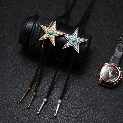 Vintage Western Cowboy Star Bolo Tie With Artificial Turquoise Alloy Pendant Adjustable Braided Artificial Leather Cord Necktie Jewelry