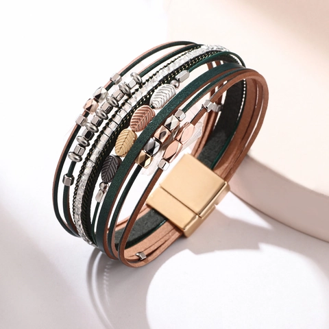 Bohemian Multilayer Faux Leather Wrap Bracelet For Women Alloy Leaf Charms Rhinestone Magnetic Clasp Fashion Jewelry Gift