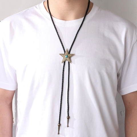 Vintage Western Cowboy Star Bolo Tie With Artificial Turquoise Alloy Pendant Adjustable Braided Artificial Leather Cord Necktie Jewelry