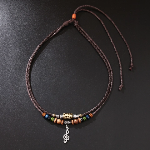 Collana con Perline e Ciondolo Nota Musicale Doppio Strato Cordino Intrecciato PU Etnico Perline in Legno Gioielli Uomo