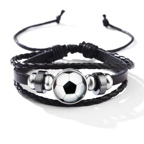Luminous Leather Braided Bracelet Sport Soccer Basketball Baseball Glass Snap Button Adjustable Wrap Wristband Jewelry