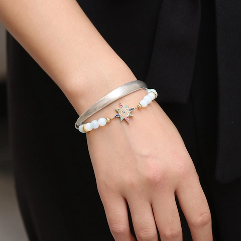 Boho Legierung Stern Anhänger Perlenarmband Gold Plattiert Bunte Zirkonia Eingelegt Opal Stein Oktagramm Armband Damen Schmuck