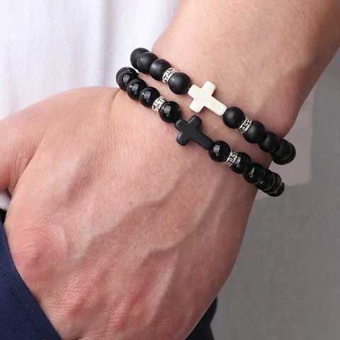 Vintage Natural Stone Cross Beaded Bracelets For Men Women Retro Distressed Matte Beads Handcrafted Jewelry Couple