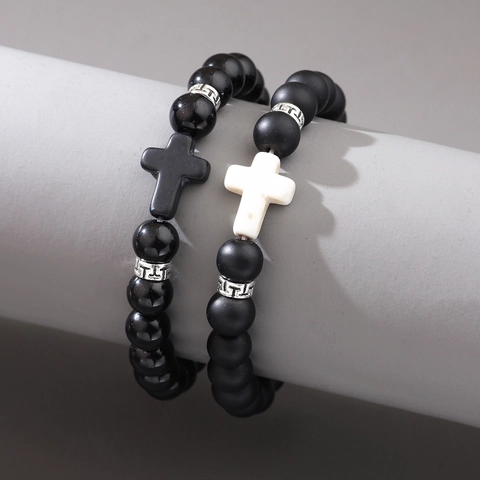 Vintage Natural Stone Cross Beaded Bracelets For Men Women Retro Distressed Matte Beads Handcrafted Jewelry Couple