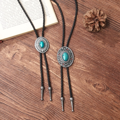 Vintage Western Cowboy Bolo Tie For Men Women Alloy Flower Turquoise Style Pendant PU Leather Braided Cord Adjustable Personality Necklace