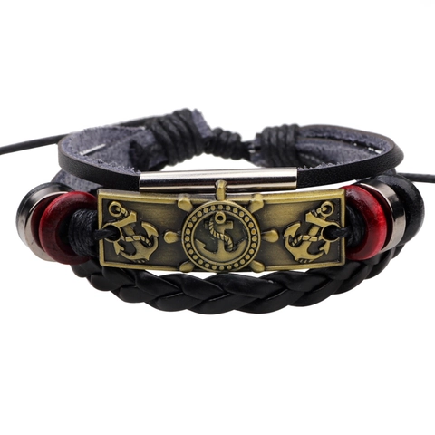 Vintage Herren Geflochtenes Echtleder Armband Mehrlagig Nautisch Anker Steuerrad Legierung Armreif Handgefertigter Schmuck Geschenk