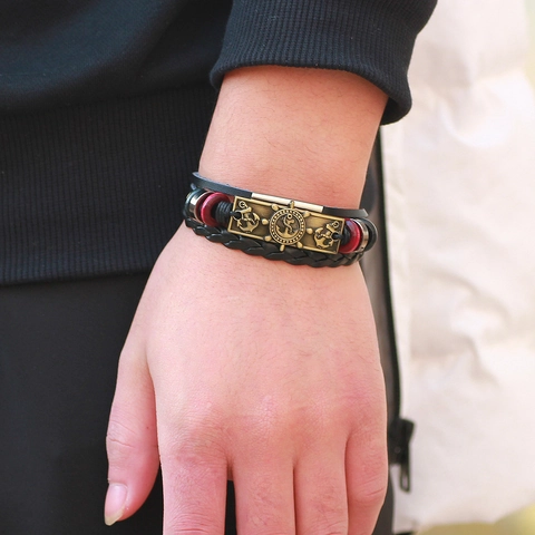 Vintage Herren Geflochtenes Echtleder Armband Mehrlagig Nautisch Anker Steuerrad Legierung Armreif Handgefertigter Schmuck Geschenk