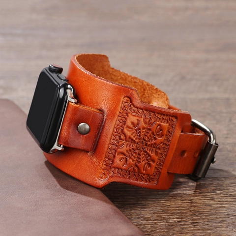 Vintage Cowhide Leather Watch Band Compass Runes Embossed Wide Cuff Bracelet Strap Compatible with Apple Watch Series