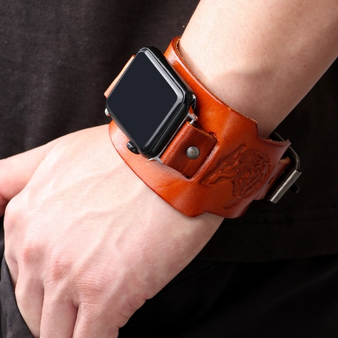 Retro Wolfskopf Totem Geprägt Echtes Rindleder Uhrenarmband Punk Stil Breite Manschette Strap Für Smart Watch Zubehör