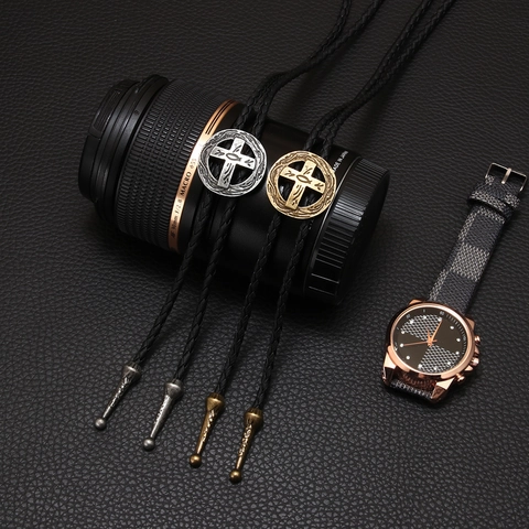 Vintage Western Cowboy Bolo Tie Alloy Cross Medallion Braided Leather Cord Adjustable Necklace For Men Women Jewelry Accessory