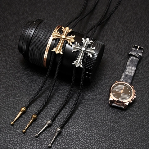Vintage Western Cowboy Bolo Tie Alloy Cross Pendant Gothic Necktie Black Braided Cord Indian Jewelry For Men Women