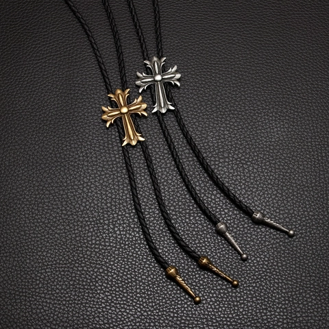 Vintage Western Cowboy Bolo Tie Alloy Cross Pendant Gothic Necktie Black Braided Cord Indian Jewelry For Men Women