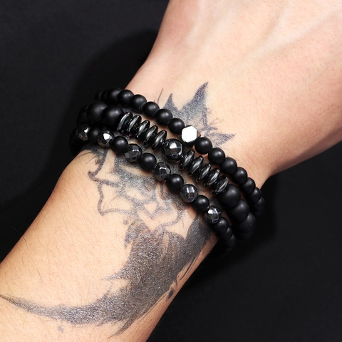 Retro Matte Black Agate Hematite Bead Bracelet Set For Men Simple UFO Spacer 3 Pieces Elastic Stone Strand Bracelet Jewelry