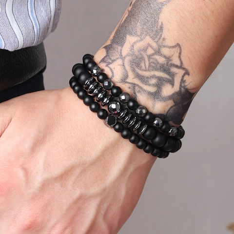Retro Matte Black Agate Hematite Bead Bracelet Set For Men Simple UFO Spacer 3 Pieces Elastic Stone Strand Bracelet Jewelry