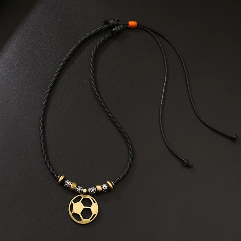 Vintage Soccer Football Pendant Necklace For Men Women Adjustable Braided Wax Rope Chain Wood Bead Sports Fan Jewelry Gift