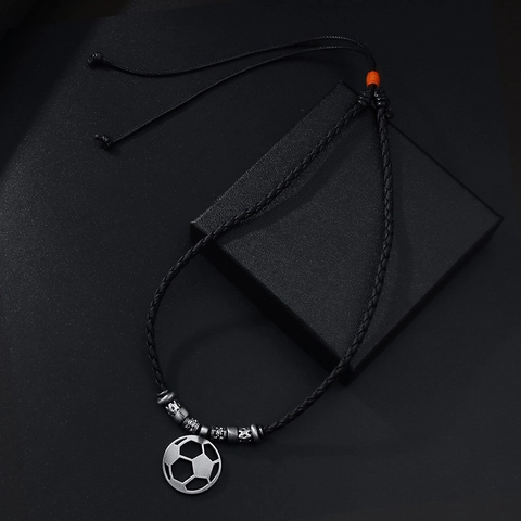 Vintage Soccer Football Pendant Necklace For Men Women Adjustable Braided Wax Rope Chain Wood Bead Sports Fan Jewelry Gift