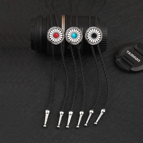 Vintage Western Bolo Tie Sunflower Alloy Pendant Braided PU Leather Rope Necklace Men Women Retro Punk Neckwear Jewelry